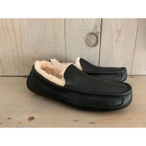 UGG ASCOT BLACK LEATHER SHEEPSKIN MOCCASIN SLIPPERS MENS wide EEE